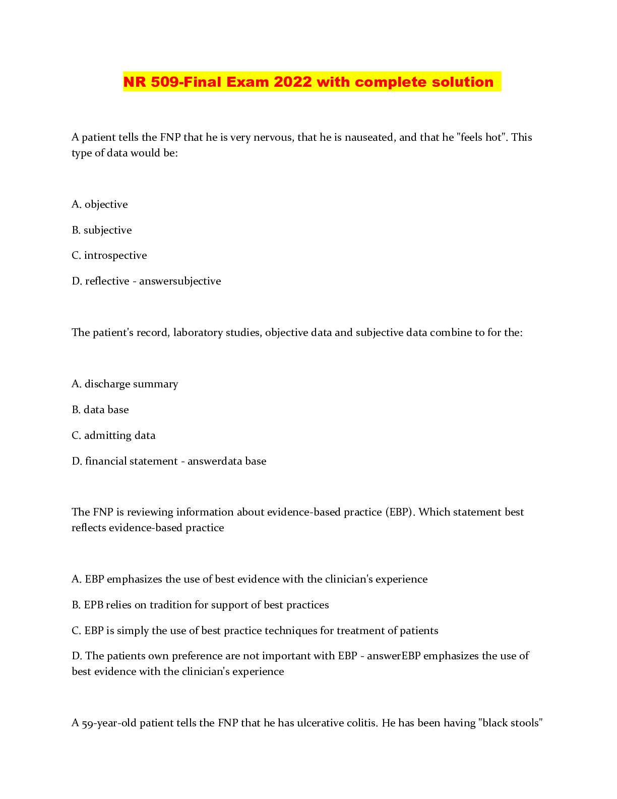 Preview image of NR 509-Final Exam 2022 with complete solution document